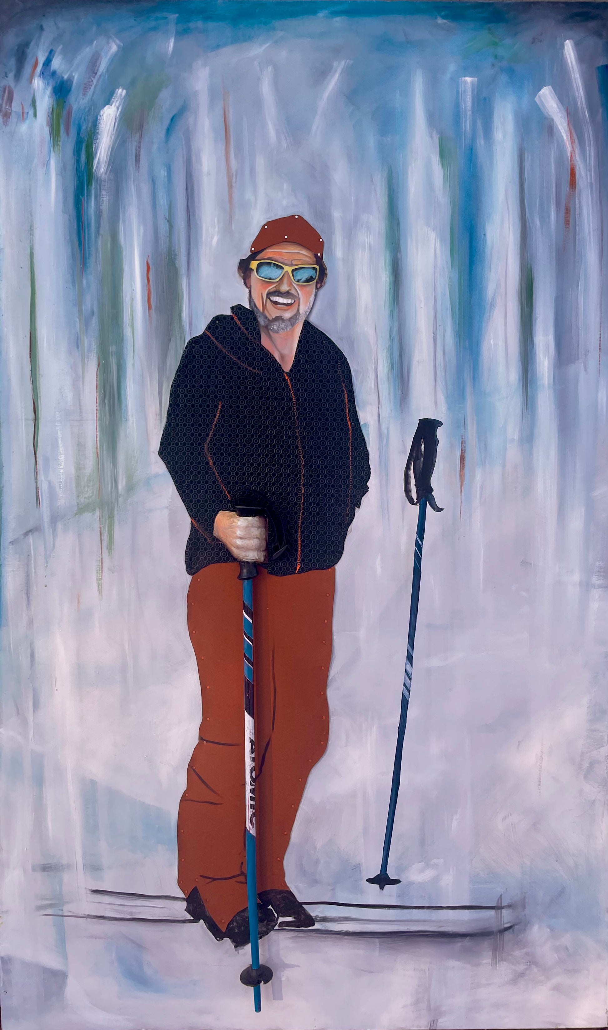 Ski Art, Oil on Wood with Fabric and Metal